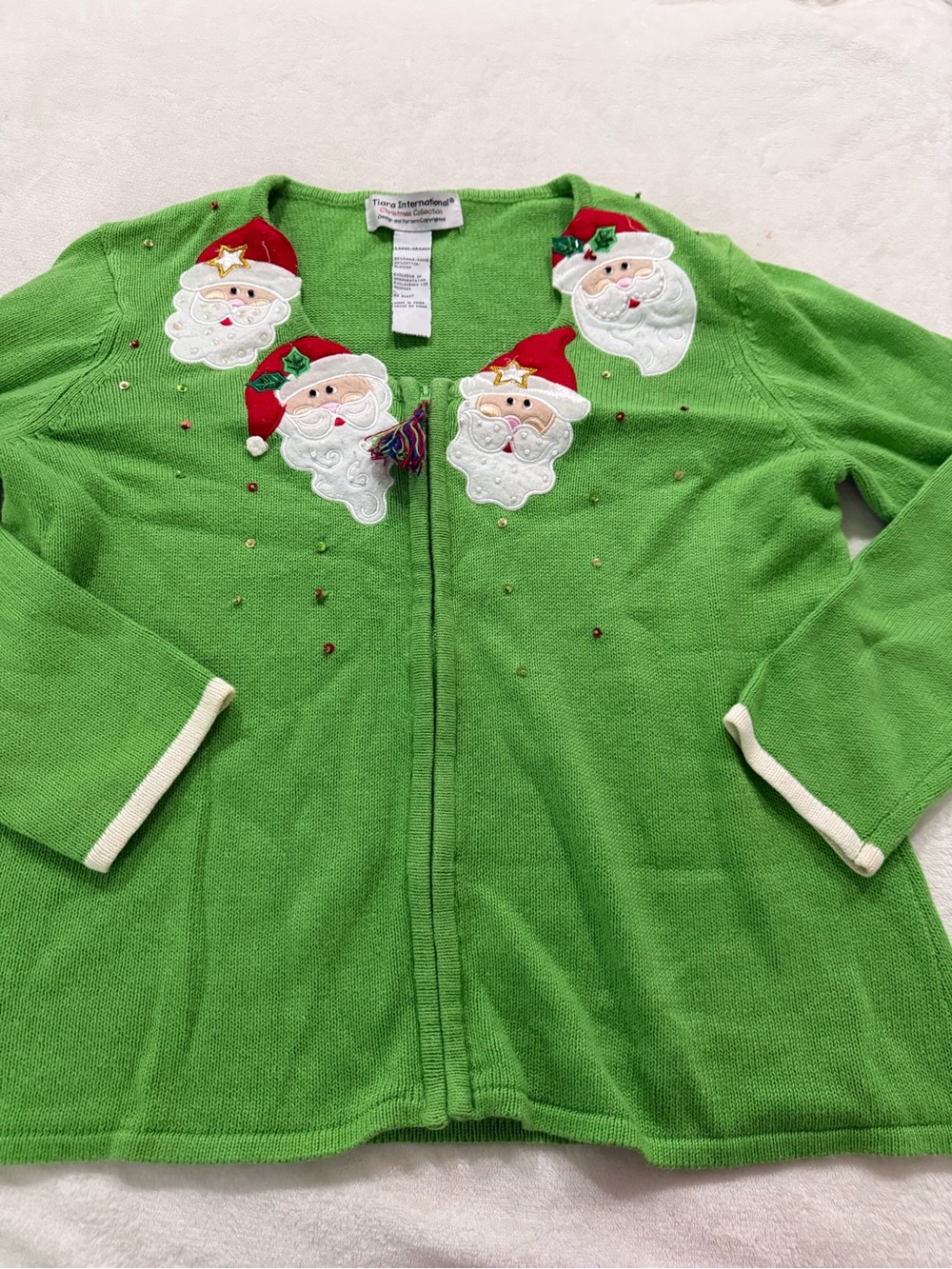 Tiara International Women’s L Green Santa Claus Christmas Zip Up Cardigan